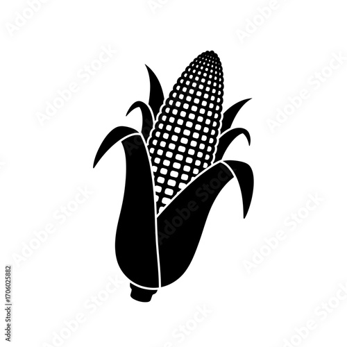 Vector art of black and white vector illustration of an ear of corn, , showcasing its kernels and husk in a simple design