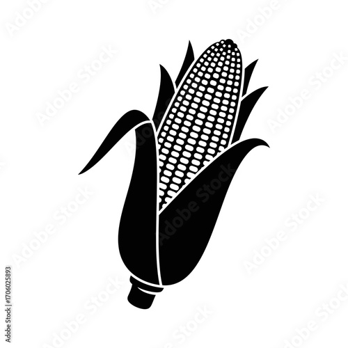 Vector art of black and white vector illustration of an ear of corn, , showcasing its kernels and husk in a simple design