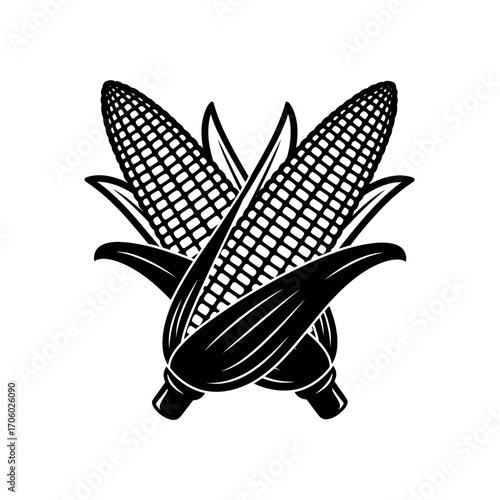 Vector art of two crossed ears of corn with husks, a simple black and white vector illustration for agricultural or food designs