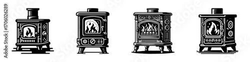 Modern Minimalist Wood Stove Icon, Flat Silhouette of a Heating Appliance Vector for Home Interior Illustration Design
