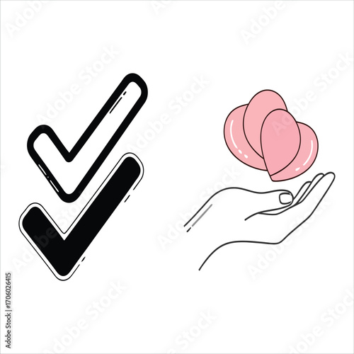 Simple Icons Check Mark and Heart Shapes on Hand, Vector Art and Sketch Style