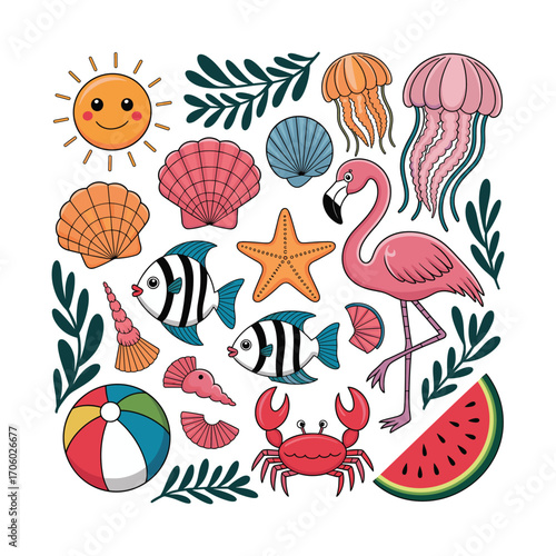 Summer Beach Elements Vector – Flamingo, Shells, Starfish, Jellyfish, Fish, Crab, Beach Ball and Watermelon