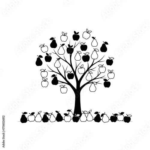 Vector art of silhouette of a fruit tree with apples and pears, creating a charming and whimsical orchard scene