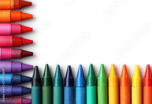 Arranged wax crayons create a colorful border. Top ones are horizontal, bottom ones are vertical with a white space for text