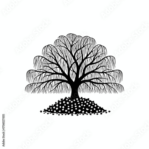 Illustration of a weeping willow tree with bare branches and a mound of leaves for naturethemed designs