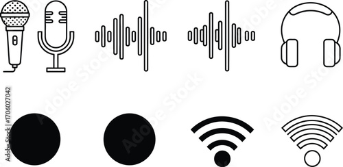 Podcast equipment microphone headphones wifi signal vector art