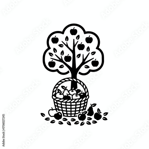 Vector art of apple tree with fruit and basket silhouette, filled with apples and pears, perfect for harvest or orchard themes