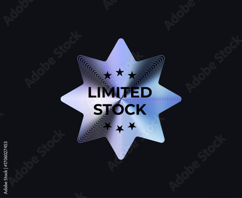 Limited Stock Badge, Premium Sale Label In Holographic Gradient Star With Line Contours On Dark Background. Glossy Iridescent Sticker For Ecommerce And Branding. Vector Illustration