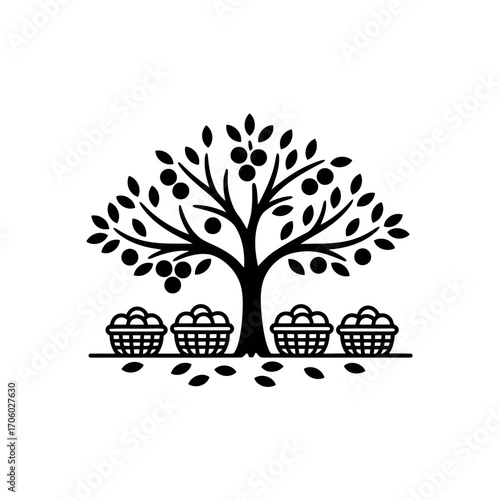 Vector art of stylized apple tree with fruits and baskets full of apples, a harvest scene