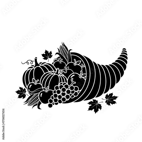 Vector art of black and white illustration of a cornucopia filled with pumpkins, grapes, apples, and leaves for thanksgiving