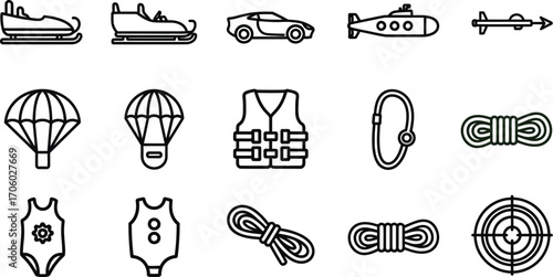 Adventure sports equipment outline icons set vector illustration