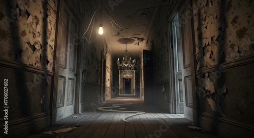 Wallpaper Mural Desolate Corridor of Time An Eerie Glimpse into an Abandoned Manor's Decaying Hallway, Where Shadows Dance and Untold Stories Linger in the Gloom Torontodigital.ca