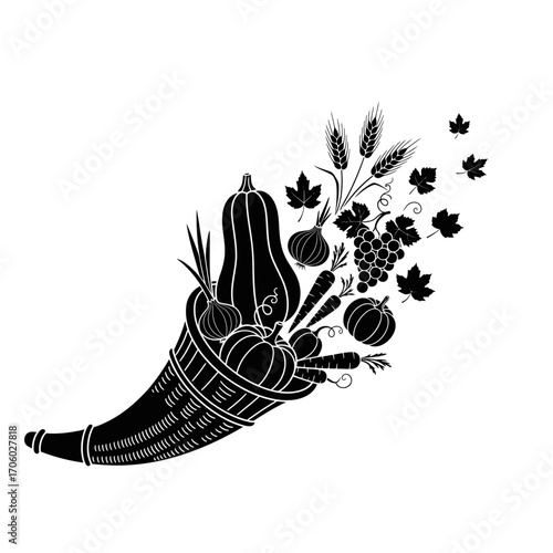 Vector art of black silhouette of a cornucopia overflowing with fruits and vegetables, a symbol of abundance and harvest