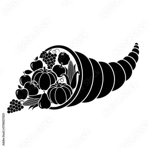 Vector art of black silhouette of a cornucopia filled with fruits and vegetables, a symbol of autumn harvest and abundance