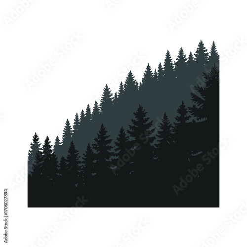 Dense Forest Silhouette Illustration on Sloping Landscape Vector Design Element