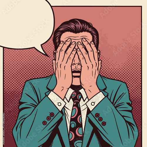 A retro pop art illustration of a stressed businessman in a suit covering his face with both hands.