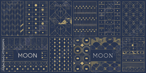 Collection of abstract geometric patterns and decorative elements in gold and navy blue with the word moon