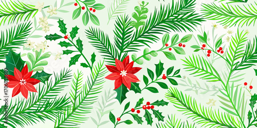 Festive christmas botanical pattern with red poinsettias holly berries and green pine needles