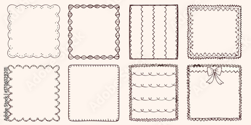 Collection of eight hand drawn decorative borders and frames in various styles