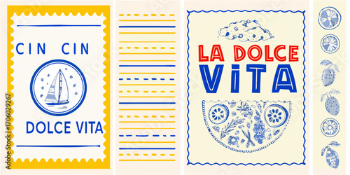 La dolce vita italian phrase with sailboat and citrus fruits in a charming hand drawn style