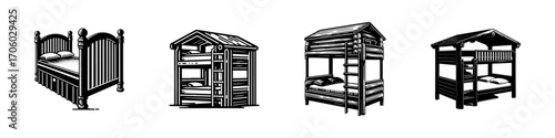 Modern Minimalist Cabin Bunk Bed Icon, Flat Silhouette of a Rustic Sleeping Furniture Vector for Woodland Illustration Design