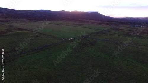 Drone view of the peak of Carn Salachaid with pine forest and fields in foreground in the Scottish Highlands of Scotland UK