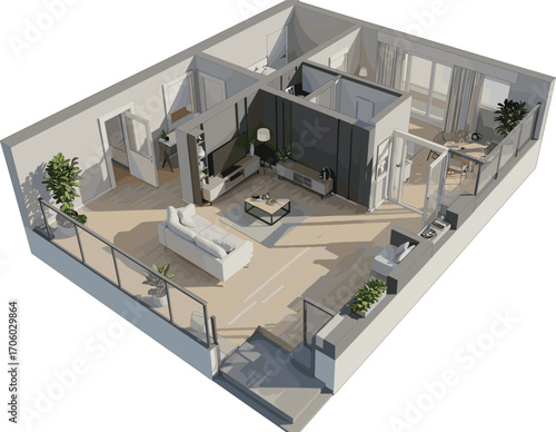 Compact 3D floor plan with modern furniture, small apartment layout, bedroom, bathroom, living room, realistic interior visualization