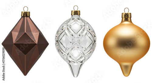 Set of three elegant Christmas ornaments in bronze, silver, and gold colors with geometric and bulb shapes, perfect for holiday decoration