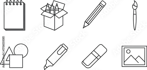 Art supplies drawing painting sketch tools vector outline set