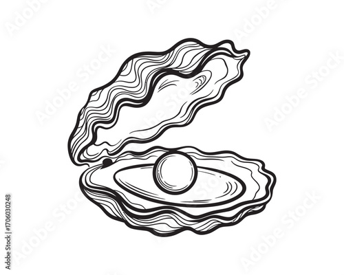 Vintage engraving style illustration of an open oyster with a valuable pearl. Isolated vector graphic design element. 