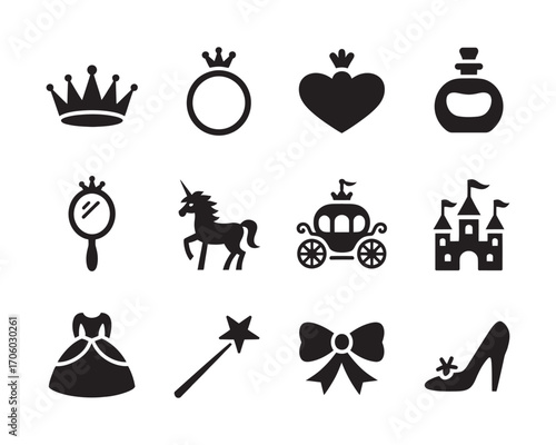 Princess and fairy tale silhouette icon set. Black vector symbols of royalty, magic, and fantasy isolated on white