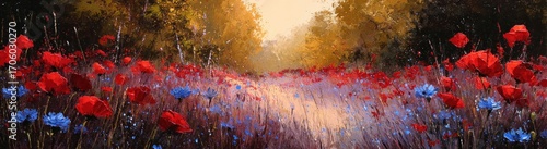 Impressionistic painting of a field filled with red and blue flowers, a path leading through, framed by trees with golden light filtering through the leaves