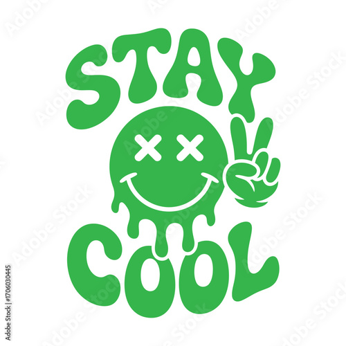 Stay Cool groovy melting smiley face with a peace sign gesture. Retro 70s style vector art for t-shirt design or sticker. Psychedelic positive vibe graphic illustration.