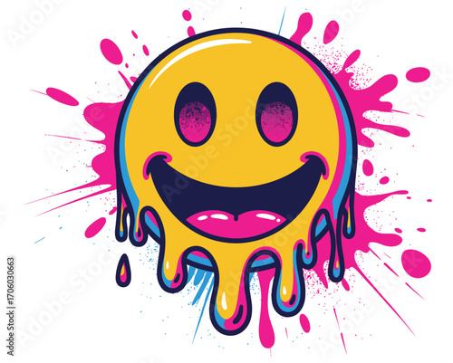 Vibrant vector graphic of a melting yellow emoji with a psychedelic happy face, featuring trippy eyes and colorful paint drips and splatters