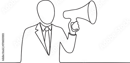 A businessman cartoon character shouts a loud idea into a megaphone