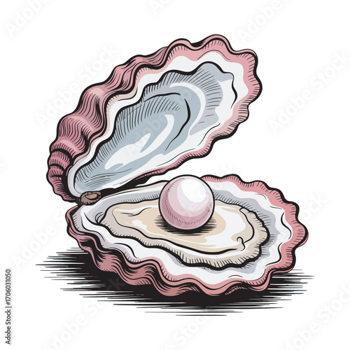 Hand-drawn vector sketch of an open oyster shell with a precious pearl. Isolated graphic design element for luxury and beauty concepts