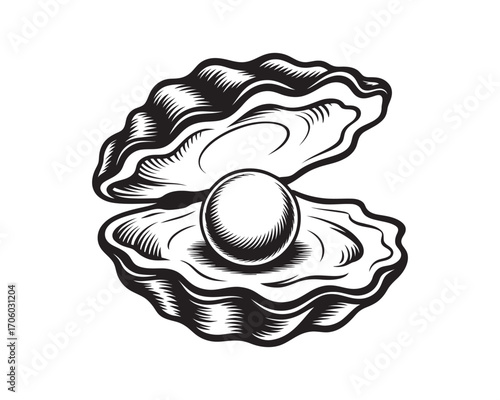 Vintage black and white illustration of an open oyster shell with a precious pearl inside