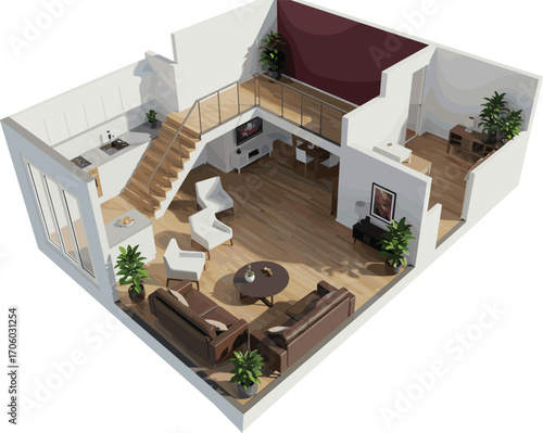 Modern open-concept loft interior with kitchen, wooden staircase, stylish living room, workspace, indoor plants, natural lighting, contemporary furniture