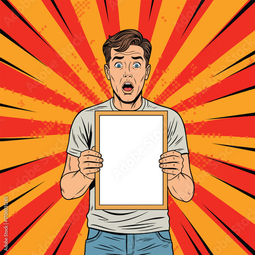 A shocked man in a pop art comic style holding a blank vertical sign for your text.