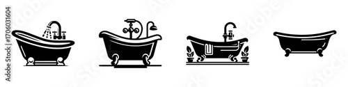 Modern Minimalist Bathtub Icon, Flat Silhouette of a Home Bathroom Vector for Interior and Home Illustration Design