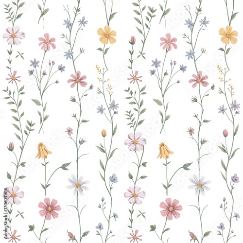 Gentle seamless pattern featuring vertical stems of delicate watercolor wildflowers, a beautiful botanical illustration for textiles and wallpaper