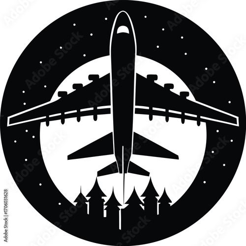 airplane flying over forest at night with moon and stars backdrop