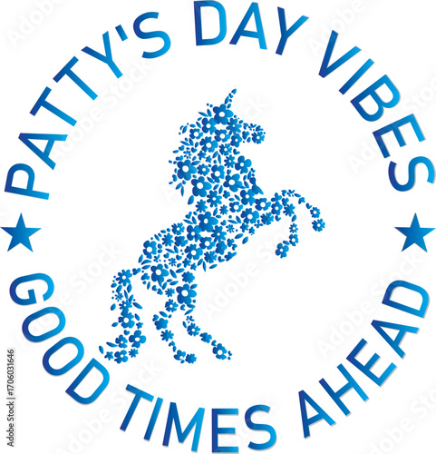 "Lucky Unicorn Art for PATTY’s Day" a whimsical illustration of a unicorn wearing a pale green top hat and a black ribbon with a four-leaf clover. Its mane is a mix of green, pink, and gray, and the i