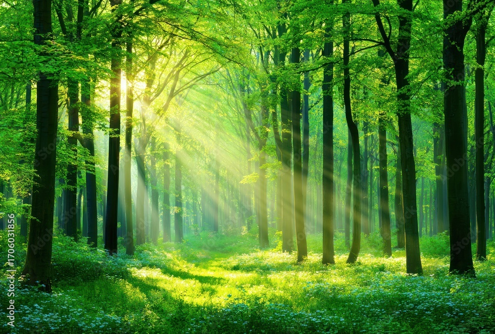 Fototapeta premium Sunlight filters through the dense canopy of a lush green forest, illuminating the forest floor with beams of light and dappled shadows