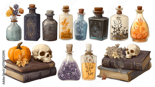 Magical witchcraft clipart set with spooky potions, isolated on white background