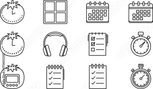 Pomodoro technique productivity timer and task management icons