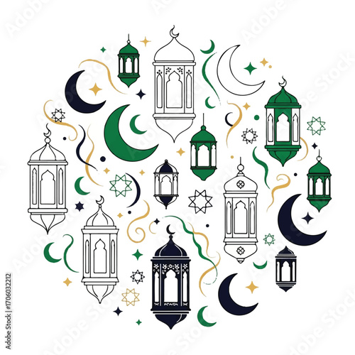 A vibrant illustration of lanterns, crescent moons, and stars in a colorful, swirling pattern on a white background, conveying a festive and celebratory mood.