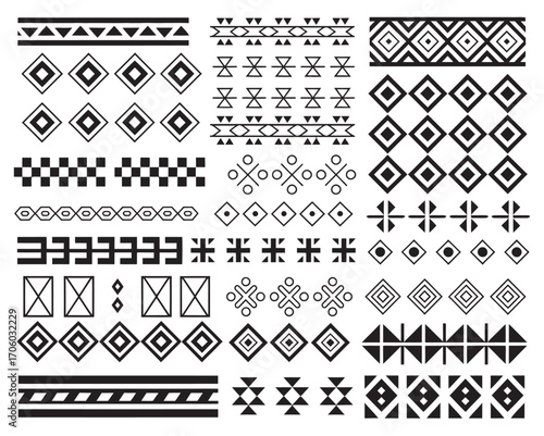 A versatile collection of monochrome ethnic ornaments and tribal geometric motifs. Seamless native pattern borders and abstract vector design elements