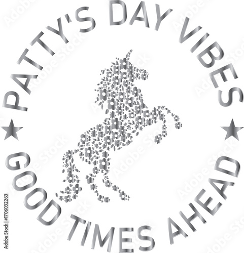 "Lucky Unicorn Art for PATTY’s Day" a whimsical illustration of a unicorn wearing a pale green top hat and a black ribbon with a four-leaf clover. Its mane is a mix of green, pink, and gray, and the i