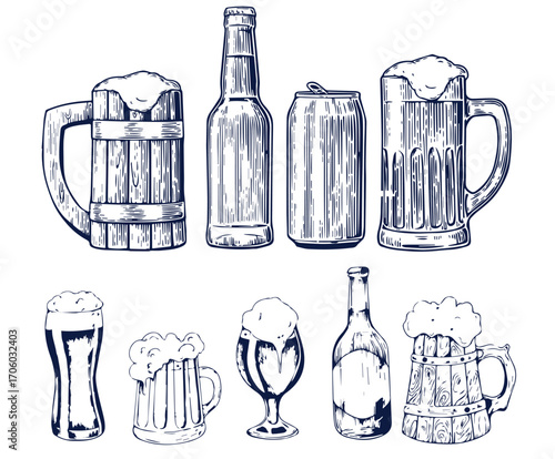 Beer brewery icons collection. Glasses, bottle, barrel hand drawn elements for pub, bar menu. Vector sketch illustration